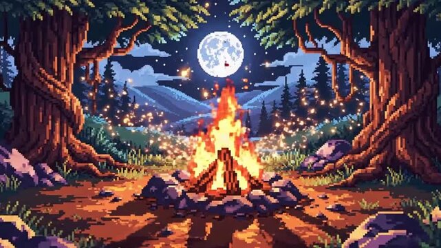 Pixel art campfire in forest at night perfect for scenic backgrounds and natural storytelling