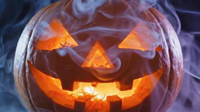 Carved pumpkin with glowing face ideal for sleek commercial backgrounds and title sequences