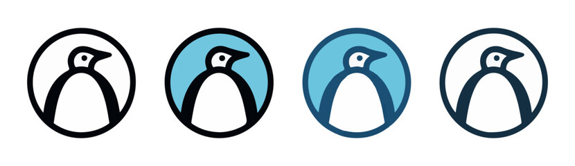 Set of four simple stylized penguin vector logo icons, isolated on white, with different blue circle backgrounds. © Sen