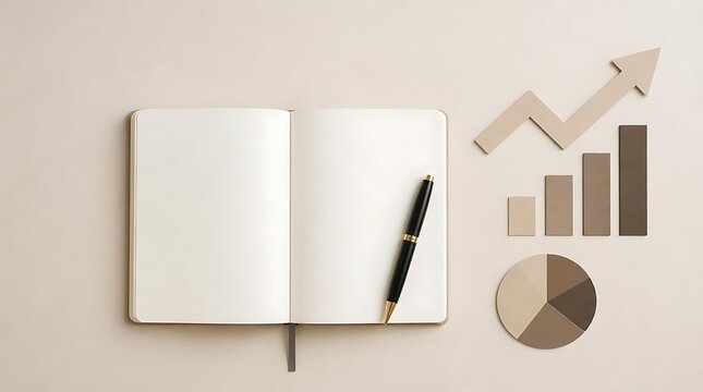 Open notebook with pen, financial charts, and upward arrow on a beige surface.
