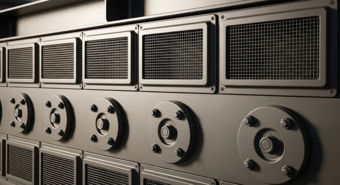 Industrial Wall Array of Ventilation Grilles and Circular Access Ports