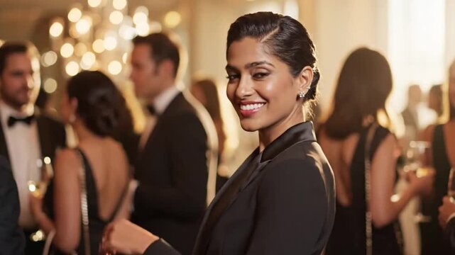Woman in formal attire at a social event perfect for vlog intros and personal care commercials