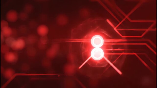 Red circuit board with glowing nodes and blurred background