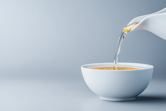 Clear glass teapot pouring hot tea into white ceramic bowl on a light gray background with flowing liquid
