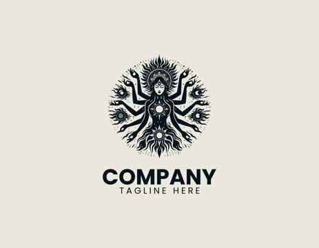 Multi-armed celestial goddess sun mandala spiritual black vector logo