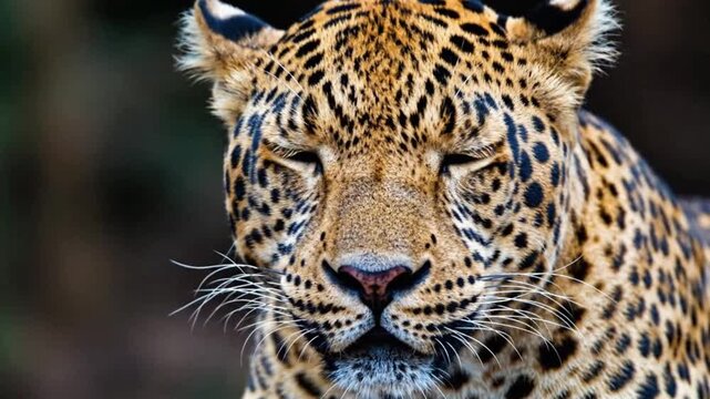 Closeup of a leopards face highlighting environmental conservation and serenity
