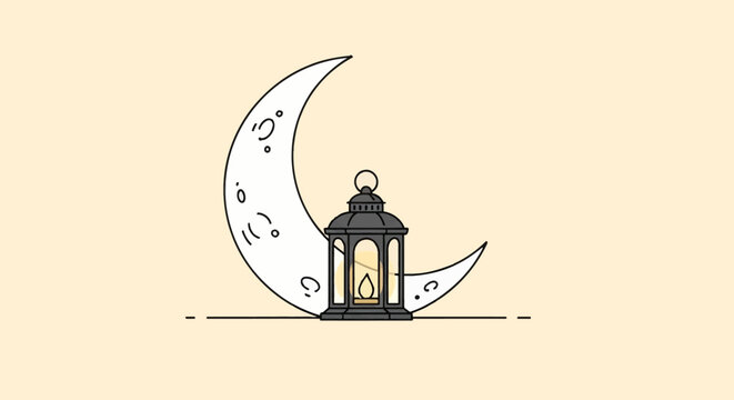 Minimalist flat line art illustration featuring a traditional black Arabic lantern with a glowing flame positioned next to a large white crescent moon on a beige background.