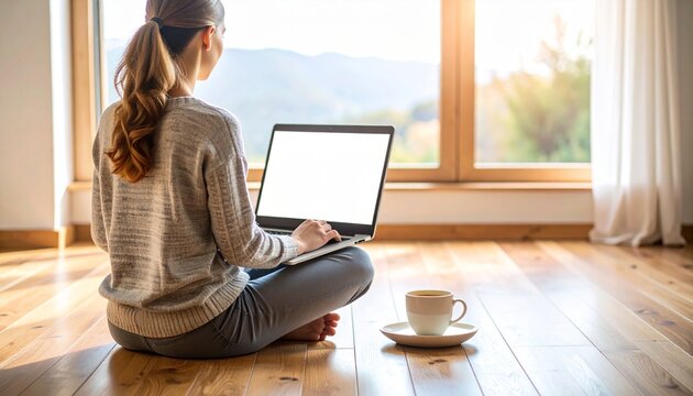 Rear view of woman using laptop with cup of coffee nearby sunlight streaming through large window offering view of natural landscape