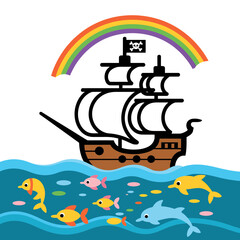 Fototapeta premium Pirate ship with skull and crossbones flag sailing through blue ocean waves with colorful fish and leaping dolphins beneath a vibrant arched rainbow