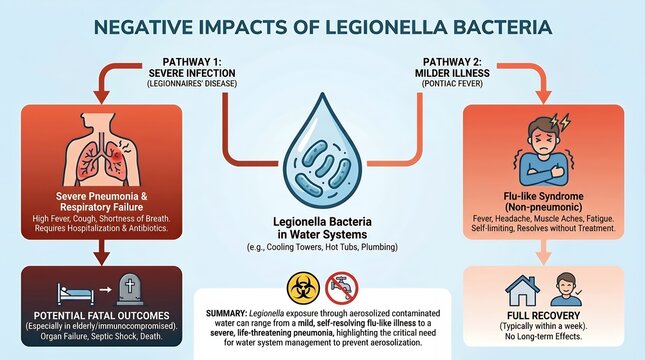Legionella Bacteria Impact Diagram Showing Severe Infection and Milder Illness Pathways