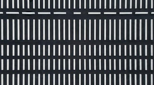 Precisely aligned rows of clean white parking curbs on a dark surface, creating a uniform geometric pattern.