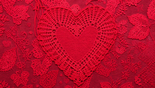 Red heart shaped lace doily with intricate crochet pattern, romantic textile ornament background.