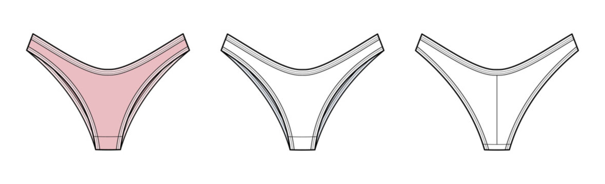 High Cut Thong Bikini Bottom Technical Fashion Illustration. Women Swimwear Vector Template. Front and Back View. Minimal Seam Design. High Leg Opening. Clean Finish. CAD Mockup Set.