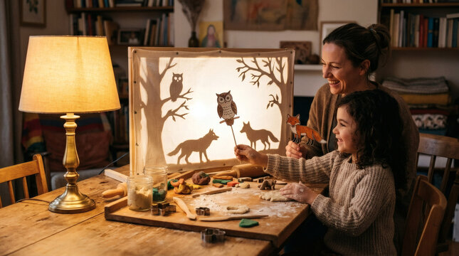 Artistic home learning moment with shadow puppets, dough board, and golden practical lamp light.