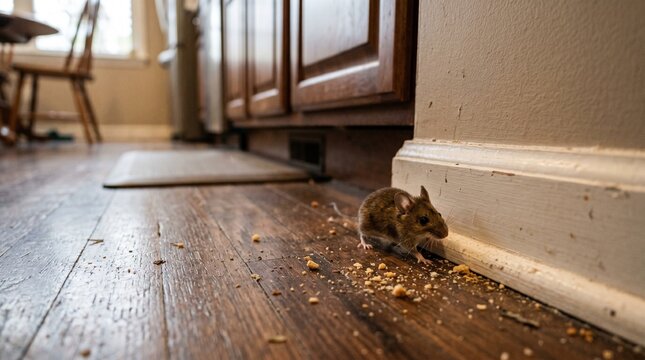 Mouse Brownie. Rodent collecting food crumbs on wooden floor near wall in house, deratization and hygiene concept.