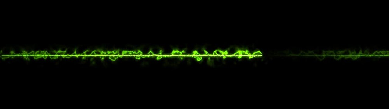 Horizontal green plasma electrical discharge energy bolt on black background. Abstract light laser beam line moving.