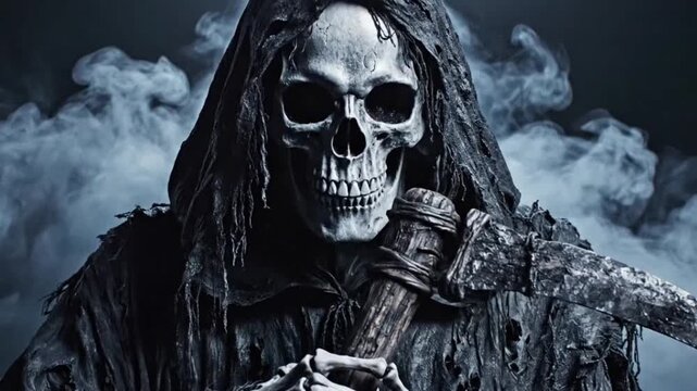 Grim reaper figure in hooded cloak ideal for travel vlogs and eco-friendly campaigns