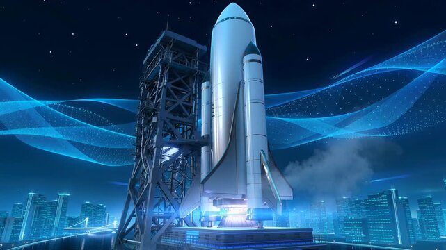 Futuristic space shuttle preparing for launch on neon lit waterfront launchpad at night