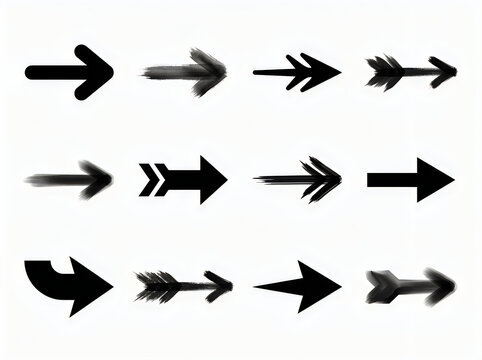 Collection of Black Arrows in Various Styles Pointing to the Right on a White Background