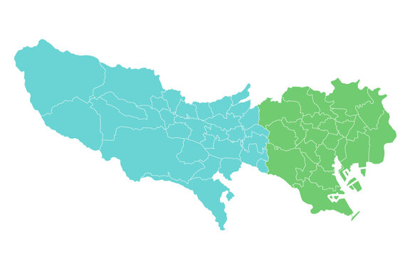 分割できる東京都の地図のイラスト（二色）　市、町、村、区　パーツ分け