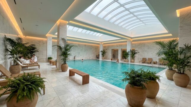 Expansive Indoor Swimming Pool with Skylight and Lush Greenery in a Luxury Hotel Setting
