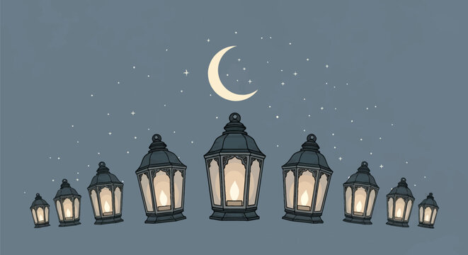 Symmetrical row of nine traditional Arabic lanterns of varying sizes glowing under a crescent moon and starry night sky on a dark background, vector illustration.