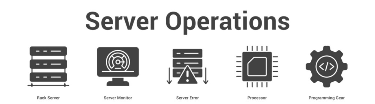Server Operations web banner icon set vector illustration concept for business with icon of Rack Server, Server Monitor, Server Error, Process.