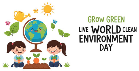 Fototapeta premium Children gardening with globe illustration for environmental awareness campaigns