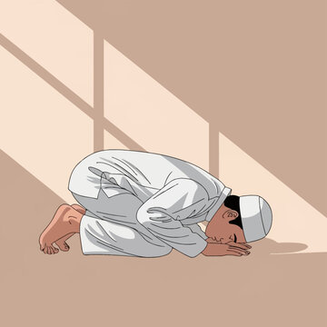 Vector illustration of a Muslim man in white thobe and prayer cap performing sujud prostration during Islamic salah prayer in a room with soft natural window light and shadows.