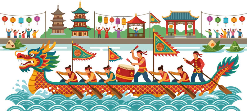 Dragon Boat Festival celebration with rowers racing on the water.