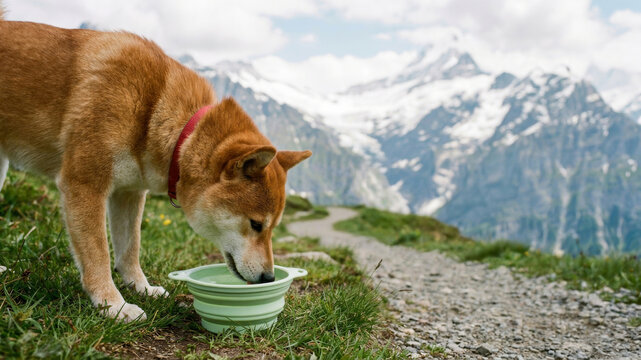 Dog heat stroke. dog heat stroke mountain trail. Exhaustion health, pet cooling prevention, high temperature care dehydration, hot, water, summer