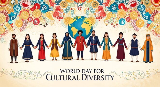 Generative AI illustration for World Day for Cultural Diversity with diverse people in traditional attire holding hands around a globe and floral patterns