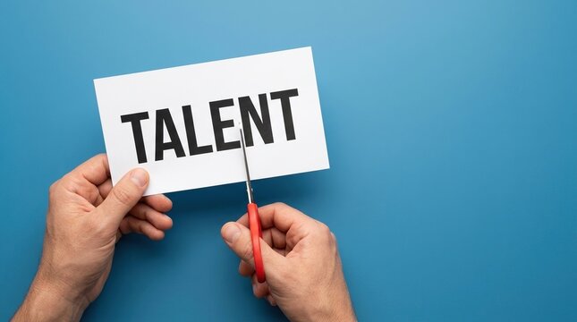 Talent recruitment career business hr management layoff representing loss of skills and workforce reduction in the corporate sector through scissors cutting a card on blue.