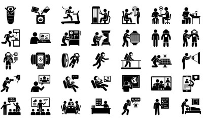 Fototapeta premium Flat black pictogram icon set depicting diverse human activities, workplace scenarios, and daily life for UI design and infographics