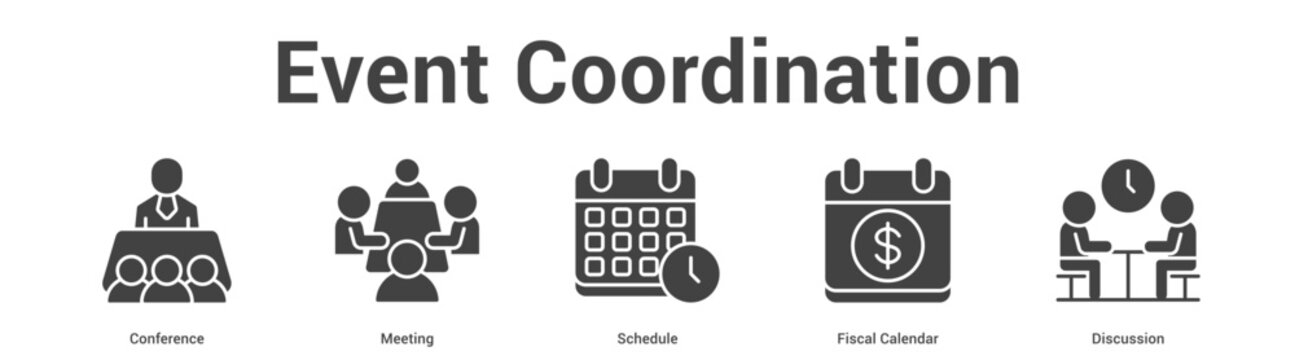 Event Coordination web banner icon set vector illustration concept for business with icon of Conference, Meeting, Schedule, Fis.
