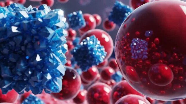 Red and blue spherical particles in space symbolizing advanced medical research and clinical care