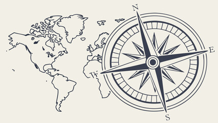 Obraz premium Vintage Nautical Compass Rose and World Map Outline Travel Illustration