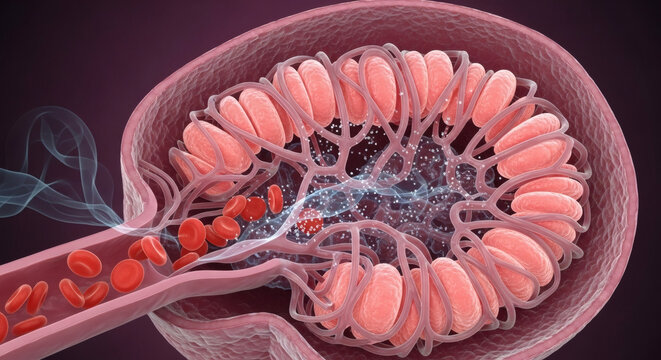 Anatomical 3D model of a human kidney glomerulus with blood cells