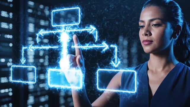 Woman interacting with digital flowchart ideal for tech startups and software promos