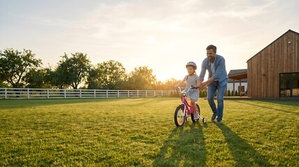 Fototapeta premium Father teaching his daughter to ride a bicycle on a sunny day with a wooden house in the background, creating cherished memories