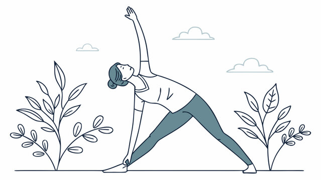 Woman practicing yoga triangle pose outdoors in nature line art vector