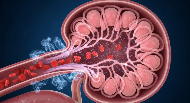 Anatomical 3D model of a human kidney glomerulus with blood cells