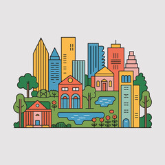 Naklejka premium Colorful vector illustration of a modern urban city skyline featuring tall skyscrapers, traditional buildings, and a lush green park with blue ponds and red flowers