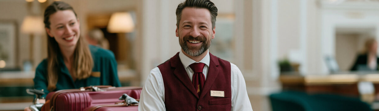 Hotel staff interaction: a friendly hotel staff member smiles at the camera, flanked by a smiling guest in an inviting and luxurious hotel setting.