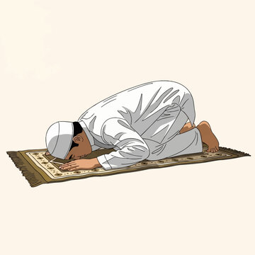 Vector illustration of a Muslim man wearing a white thobe and kufi cap performing sujud prostration on a patterned prayer rug during Salah worship isolated on light background.