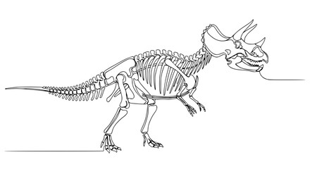 Triceratops Dinosaur Skeleton Line Art, Paleontology, Prehistoric Animal Illustration © Akun
