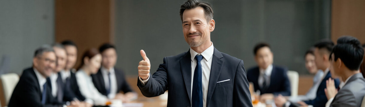 Leading with Confidence: A distinguished leader, radiates confidence during a crucial business meeting, guiding his team with purpose and charisma in a bright, modern conference room.
