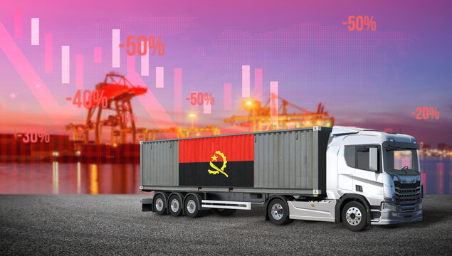 Angolan Trade and Transportation: A truck, adorned with the Angolan flag, is parked at a port amid a backdrop of economic instability, illustrated by falling graphs and cranes.