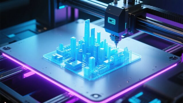 3Dプリンターで発光する青いデジタルのような都市の模型を製造する様子、スマートシティのコンセプトイメージ