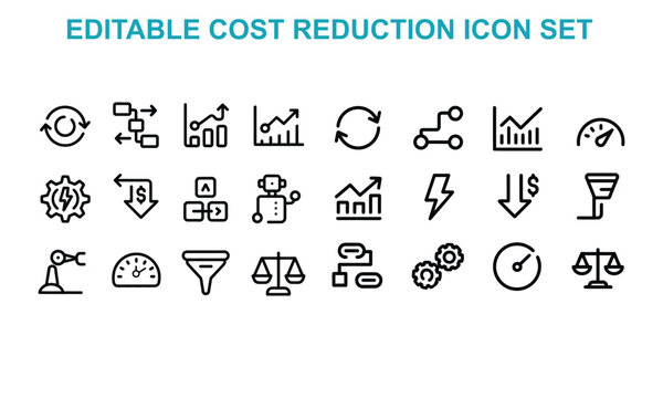 Collection of editable cost reduction icons illustrating business efficiency and progress with clear visual symbols